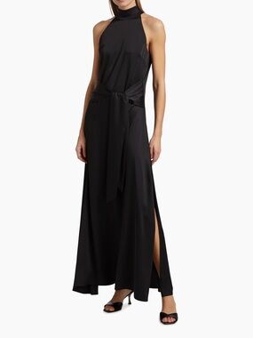 Jocelyn Satin Tie-Front Halter Maxi Dress with Waist Tie